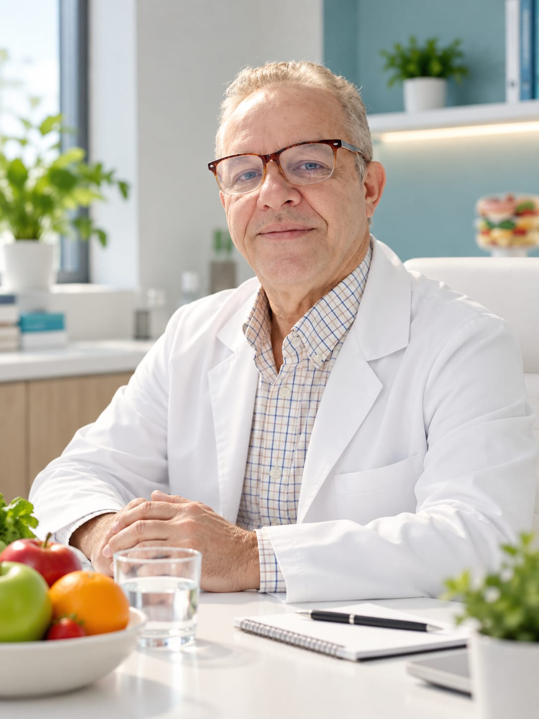 El Lic. Carlo Messori, nutricionista, con bata blanca en su escritorio junto a un plato de frutas