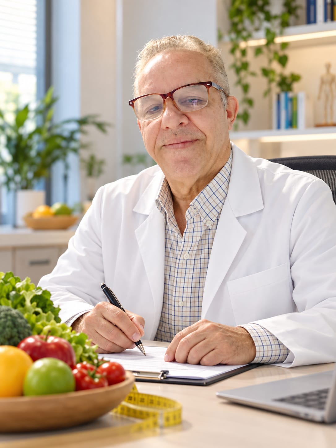 El Lic. Carlo Messori escribe en una planilla, con verduras, frutas y una cinta métrica sobre el escritorio